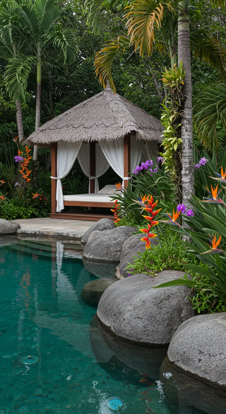 Gazebo con cama y cortinas blancas junto a una piscina de agua turquesa rodeada de rocas y plantas.