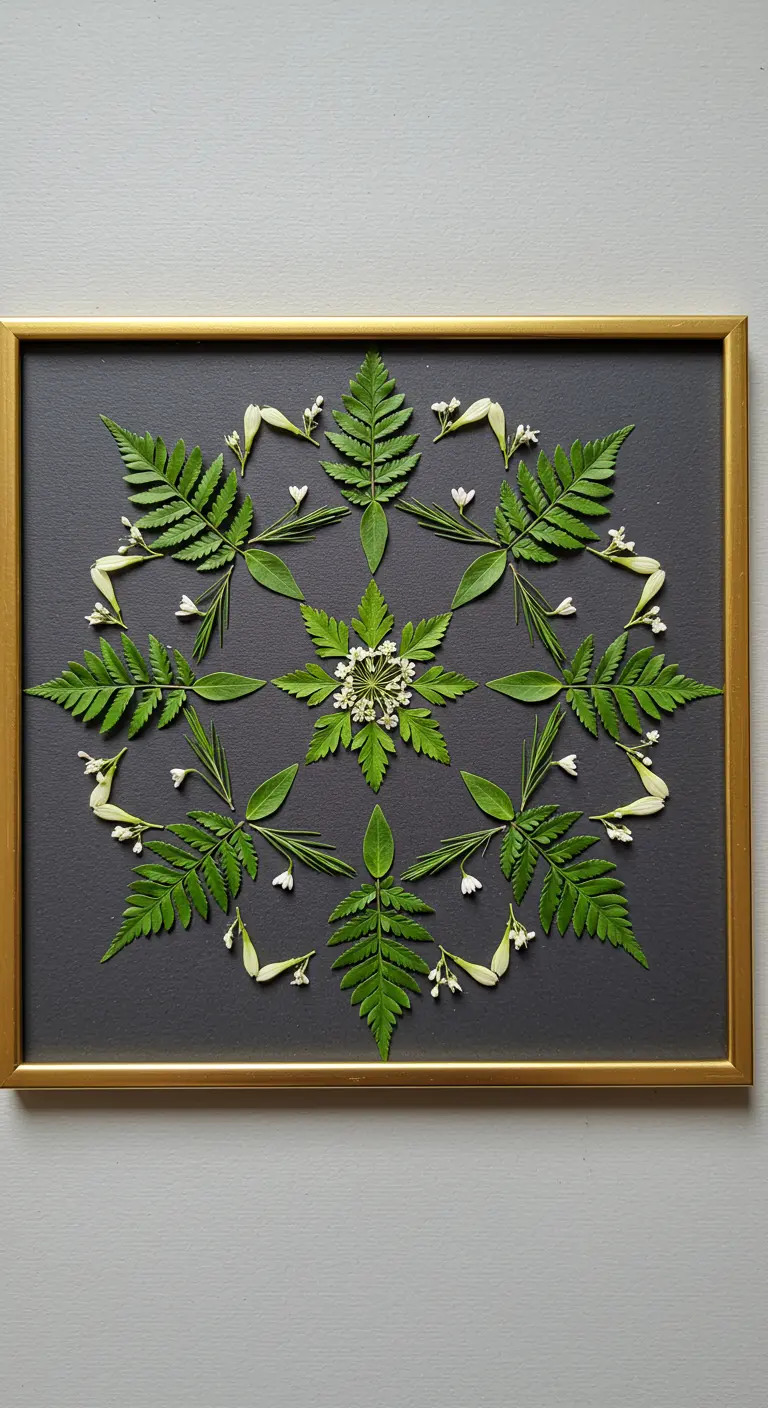 Mandala simétrico hecho con helechos, hojas verdes y pequeñas flores blancas sobre fondo oscuro.