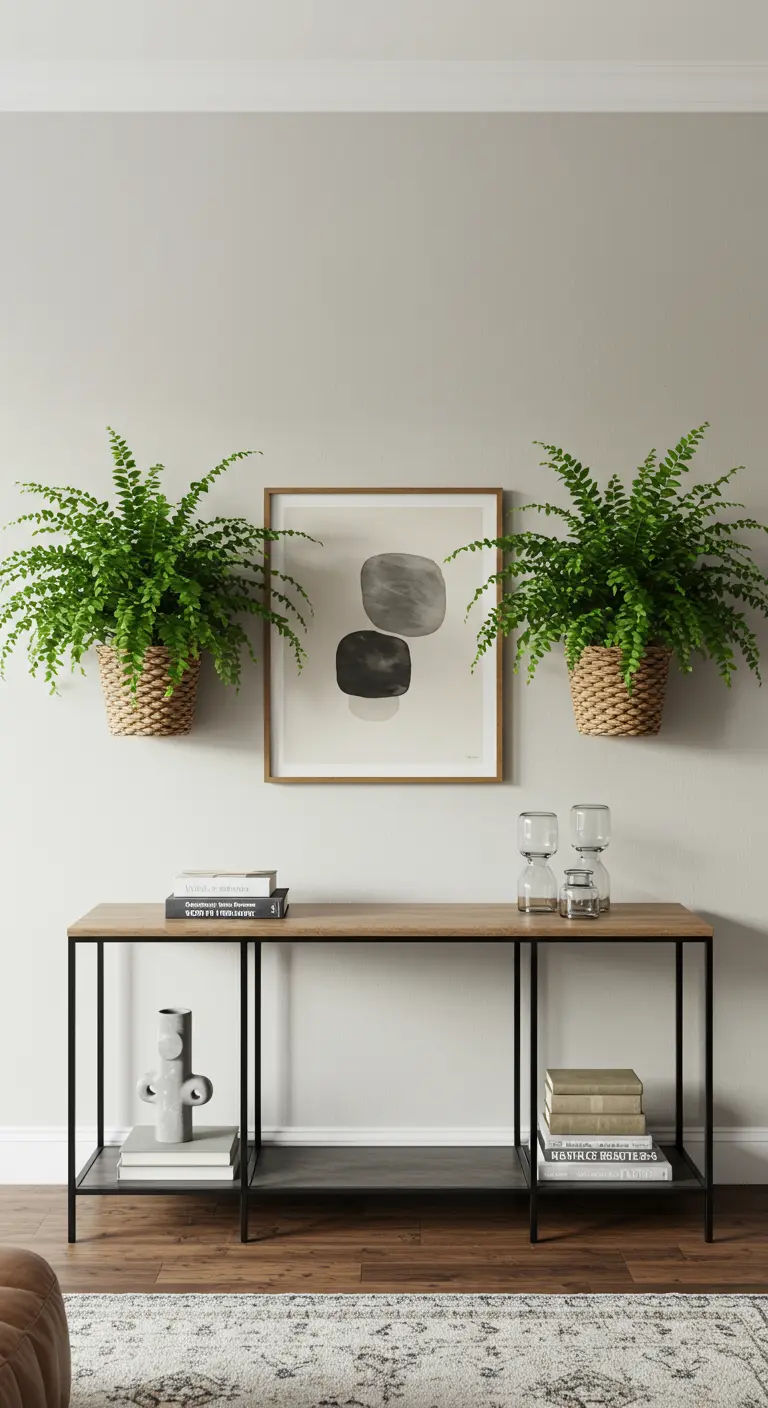 Dos helechos en cestas de mimbre colgadas en la pared, flanqueando un cuadro abstracto