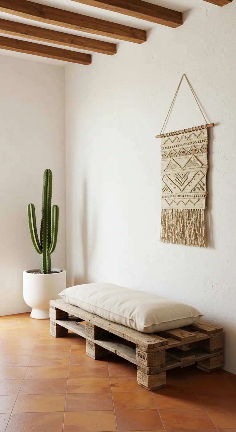 Banco bajo de palet con un cojín blanco, un cactus y un tapiz en una esquina minimalista.