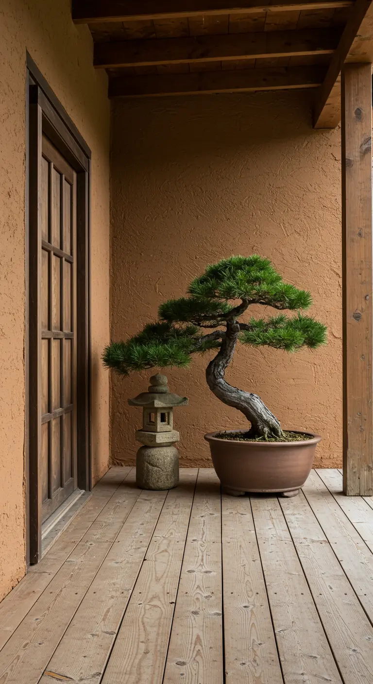 Porche rústico con pared de estuco, un bonsái de pino y una pequeña linterna de pagoda de piedra.