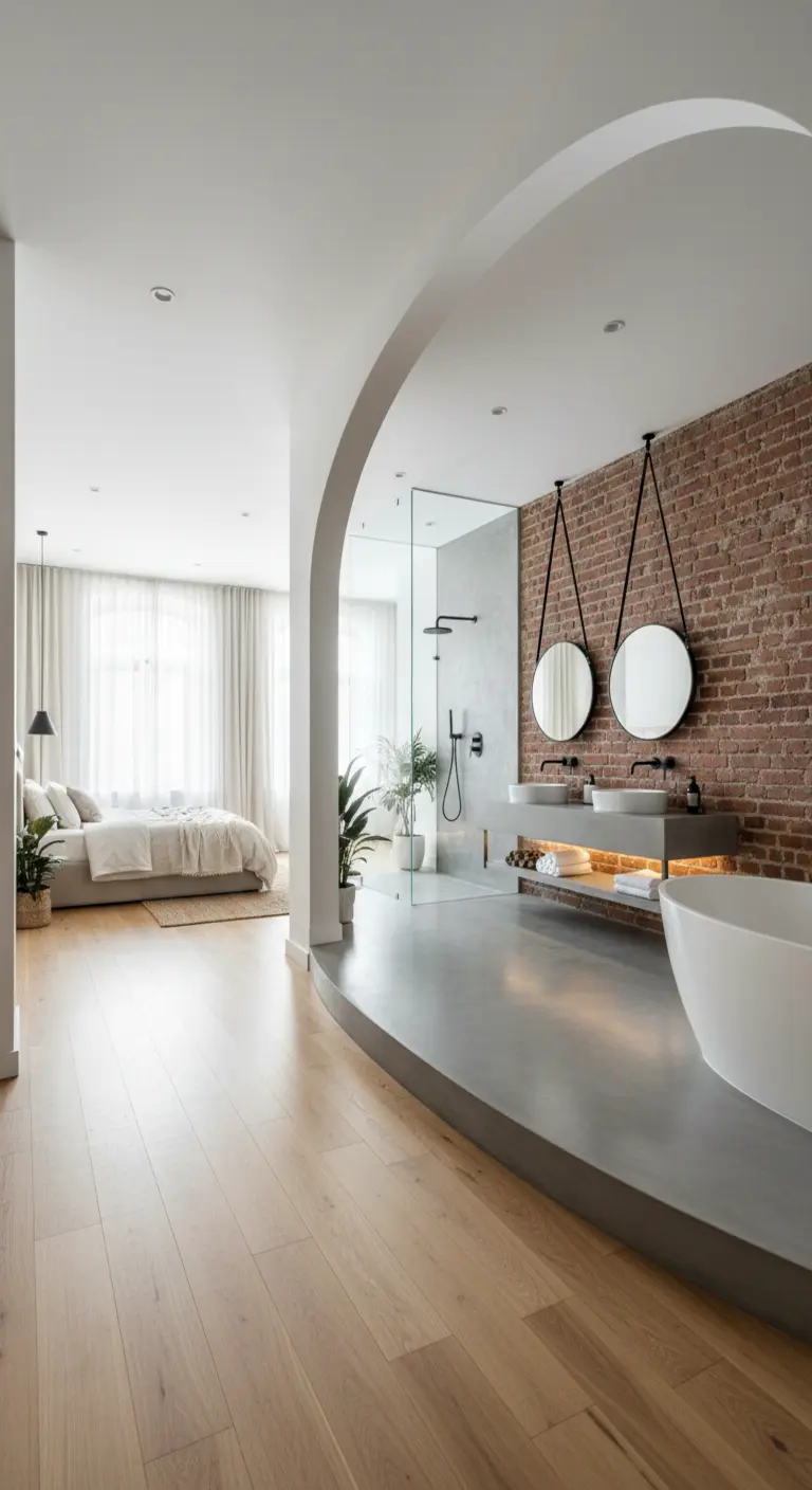 Baño abierto al dormitorio a través de un arco, con pared de ladrillo y suelo de microcemento.