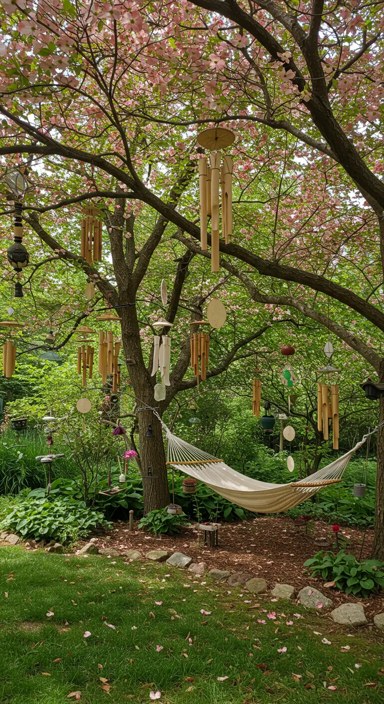 Varios carrillones de viento de bambú cuelgan de un árbol sobre una hamaca.