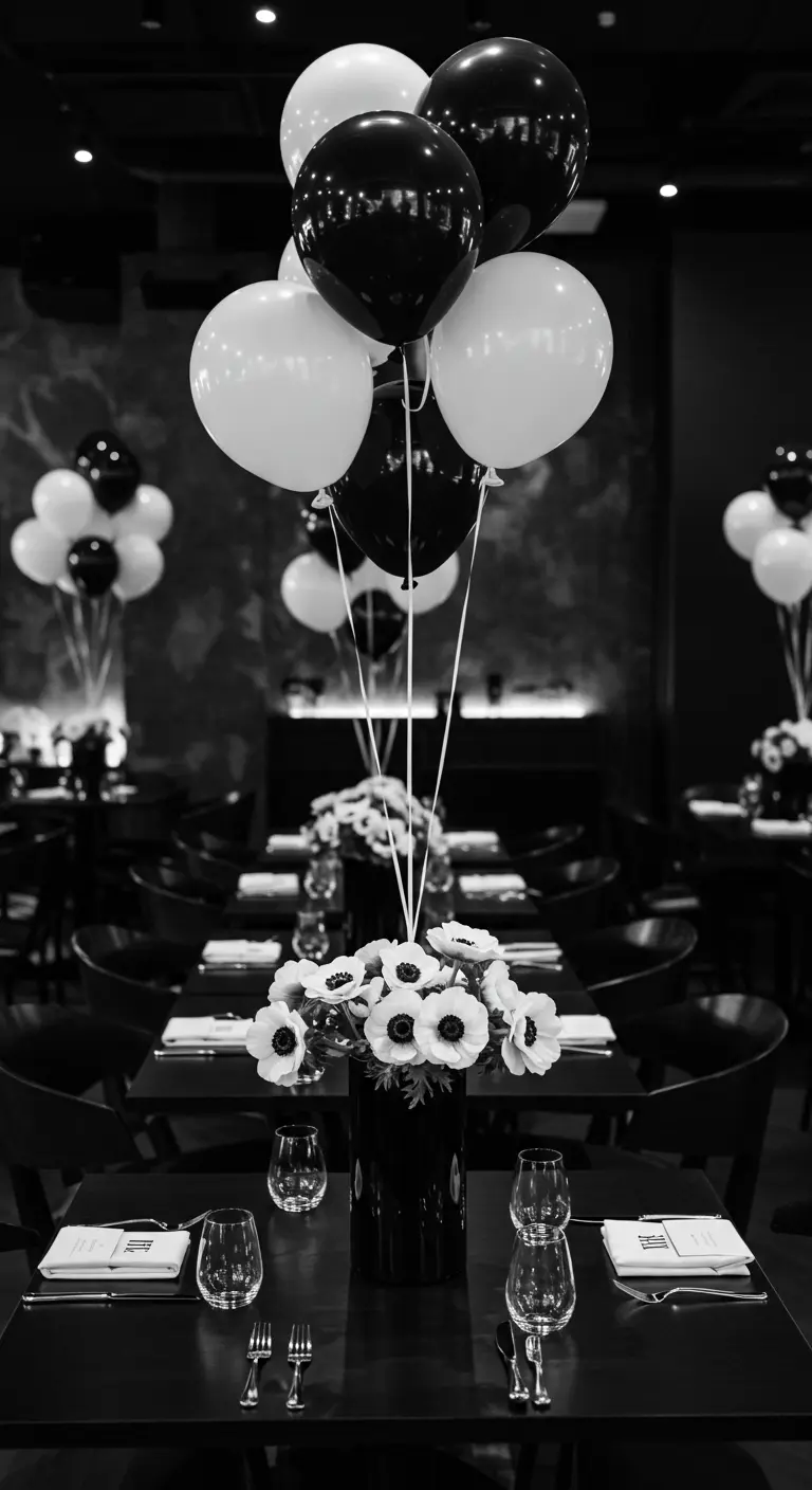 Centro de mesa monocromático con globos blancos y negros y anémonas blancas.