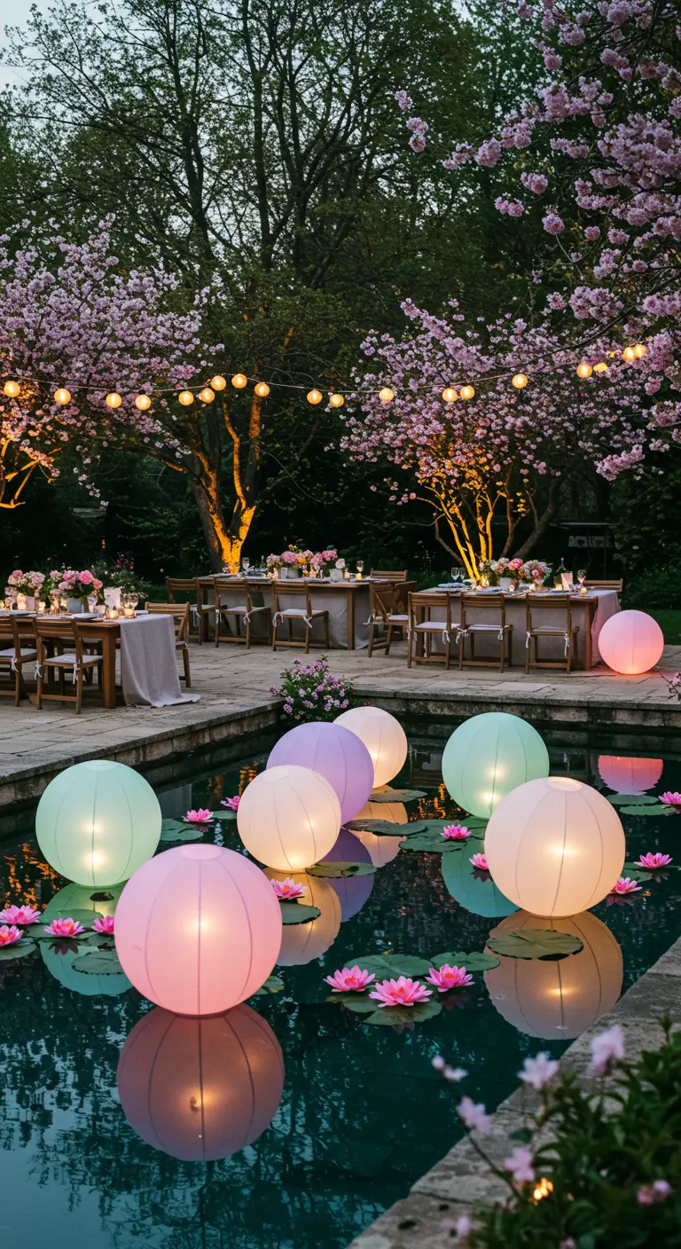 Globos luminosos en colores pastel flotando en una piscina rodeada de cerezos en flor.