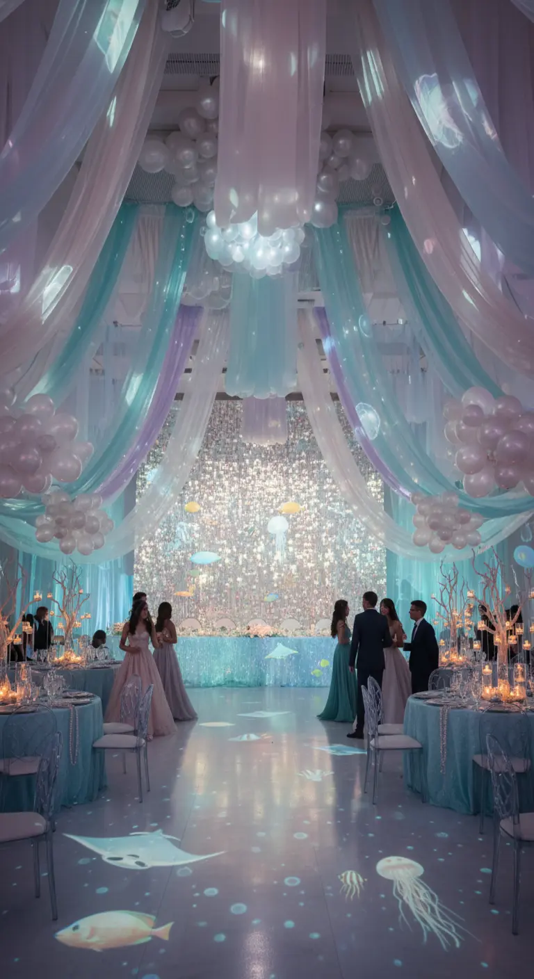Quinceañera con temática bajo el mar, con proyecciones y telas ondulantes.