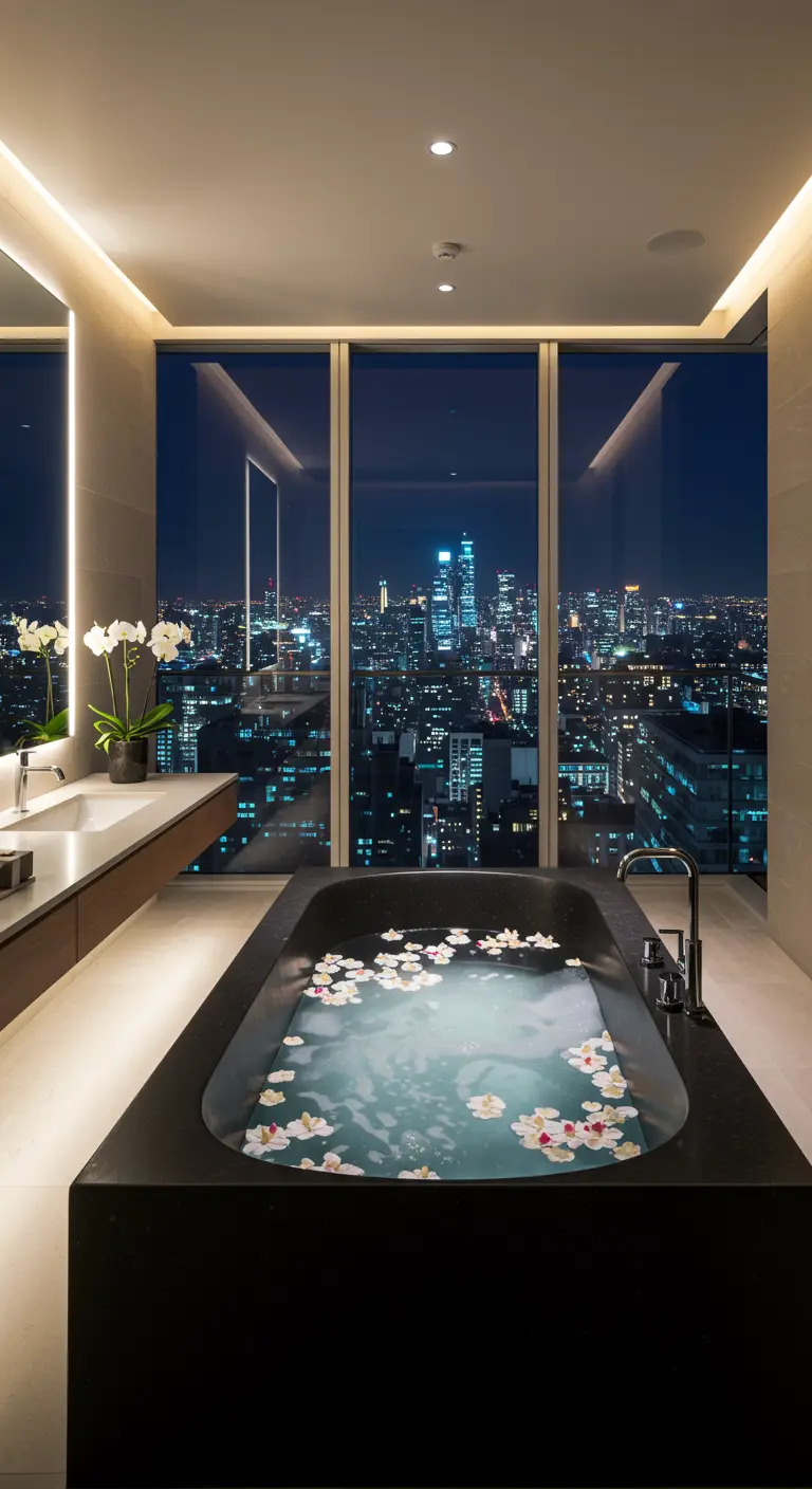 Bañera moderna de color oscuro con flores blancas flotando y vistas a una ciudad nocturna.
