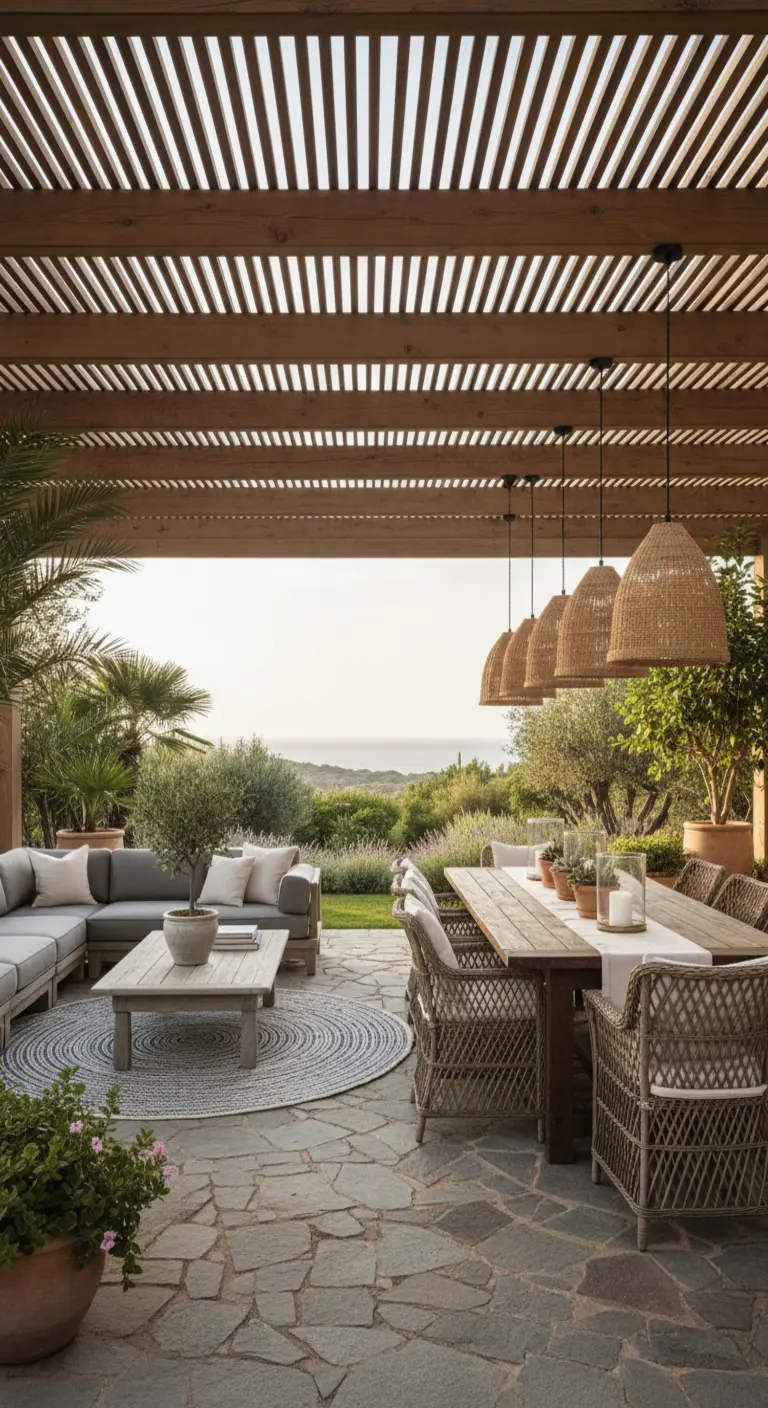 Patio cubierto por una pérgola con zona de sofás y comedor, todo en madera y mimbre