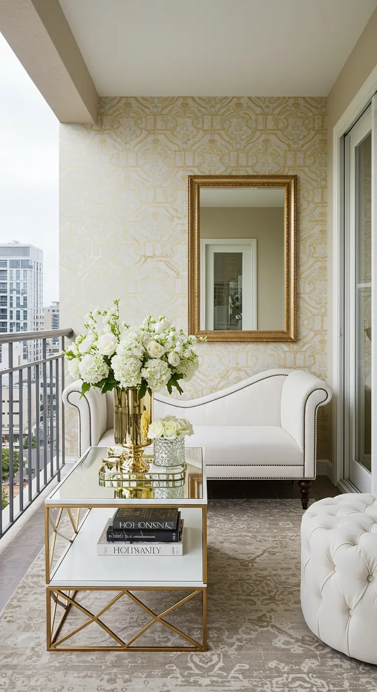 Balcón de lujo con sofá blanco, mesa dorada y un espejo rectangular dorado en la pared.