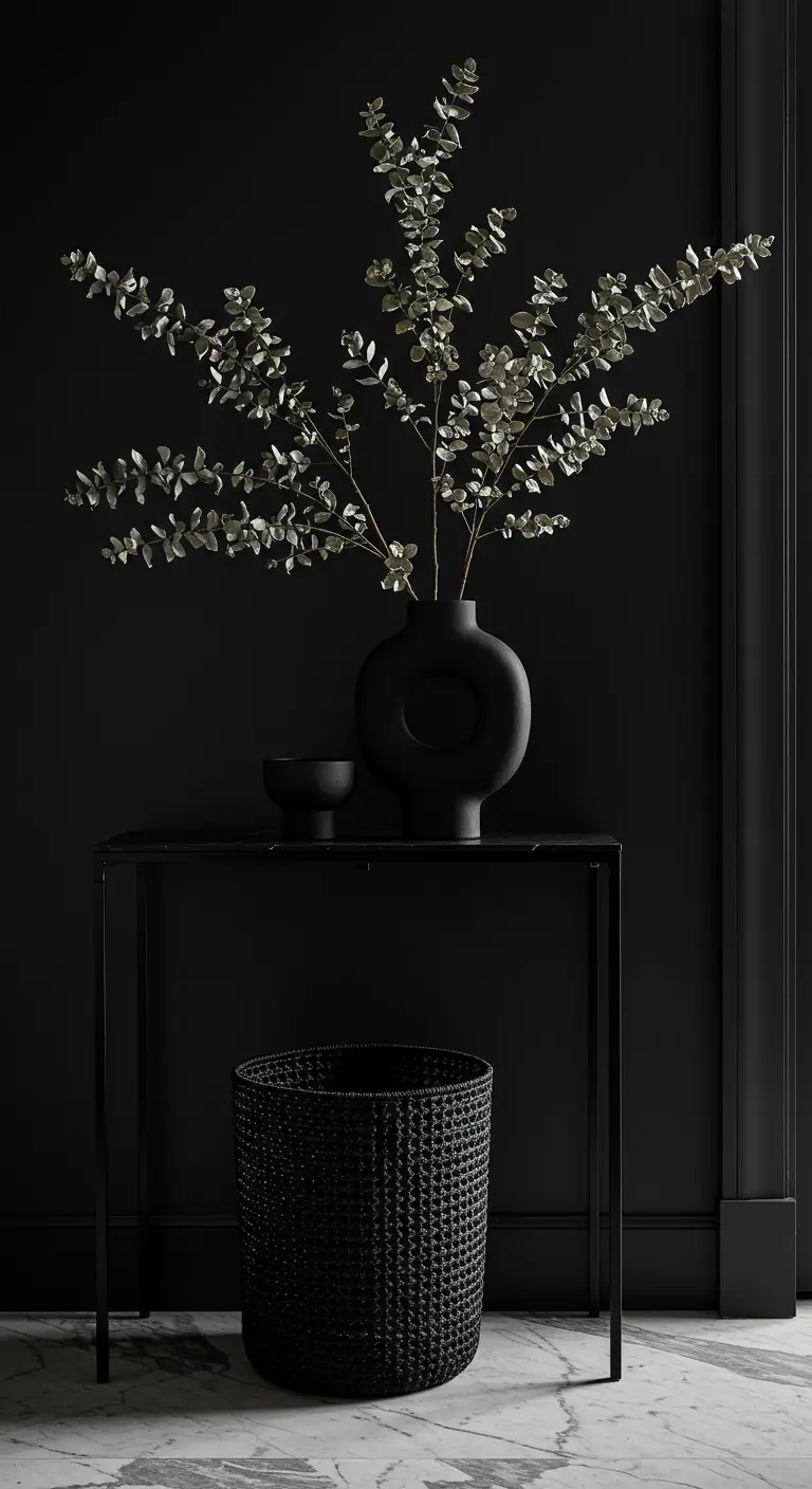 Recibidor monocromático en negro con consola, jarrón de cerámica y cesta tejida a juego.