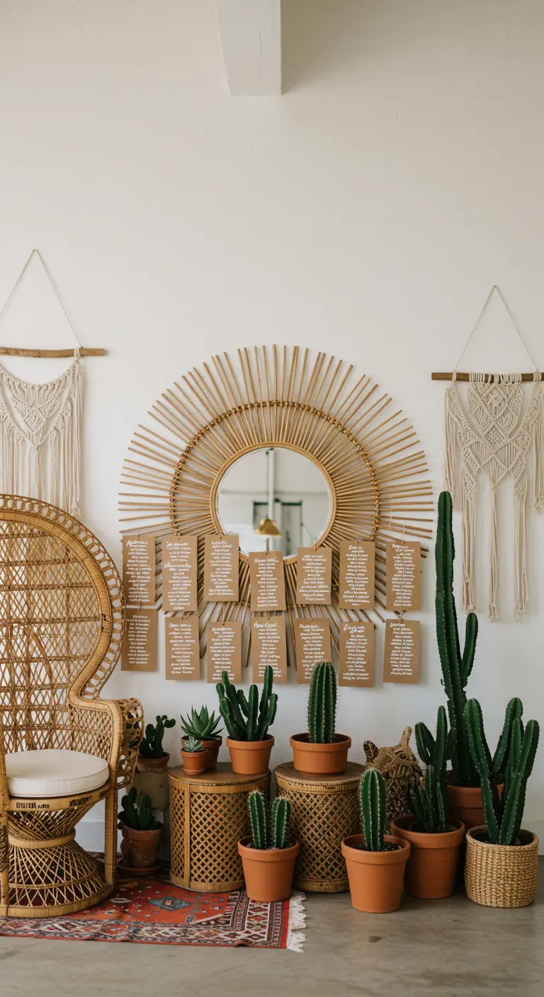 Espejo de sol de ratán con tarjetas colgantes, rodeado de plantas y decoración bohemia.