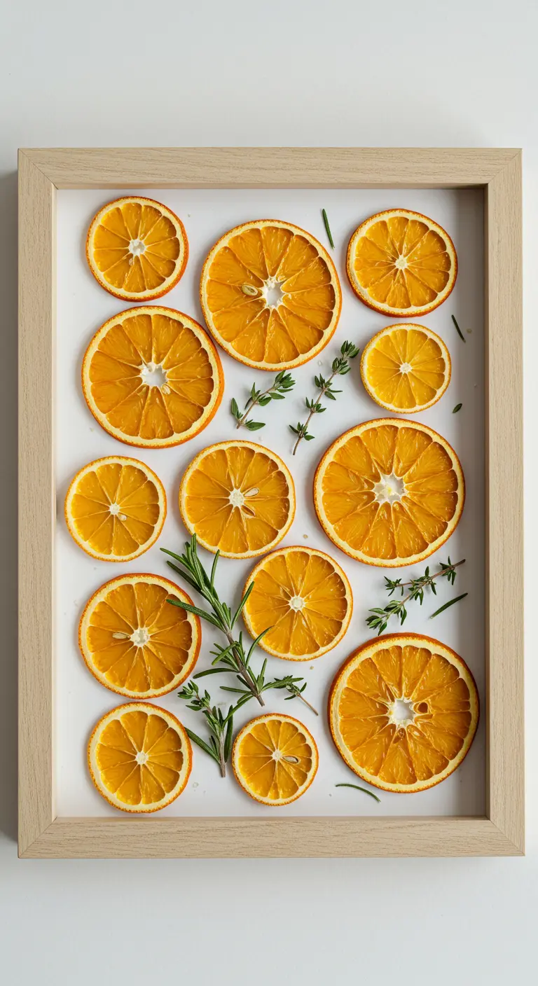 Cuadro con rodajas de naranja deshidratada y ramitas de romero sobre un fondo blanco.