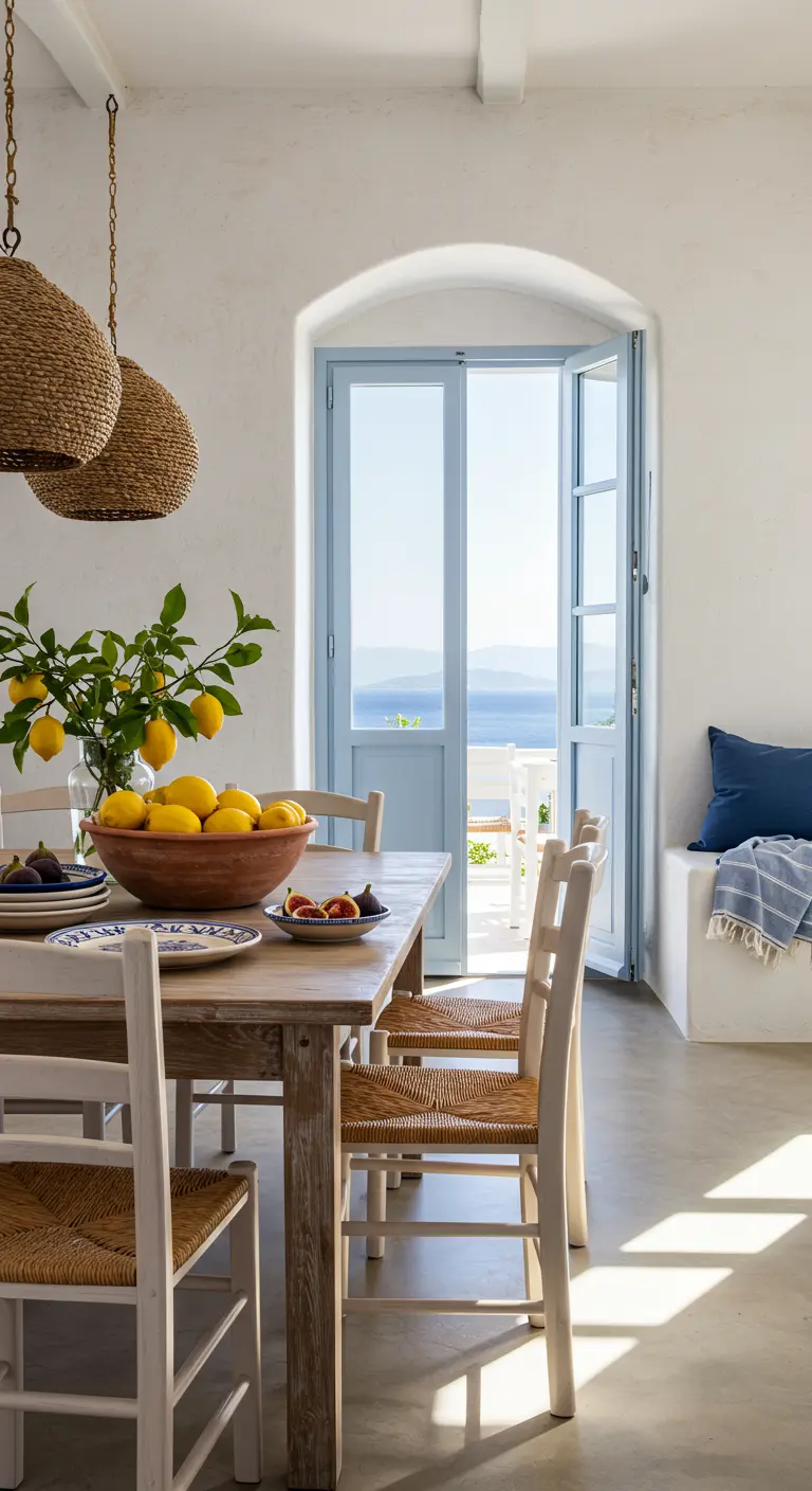 Comedor de estilo griego con un cuenco de terracota con limones e higos frescos.