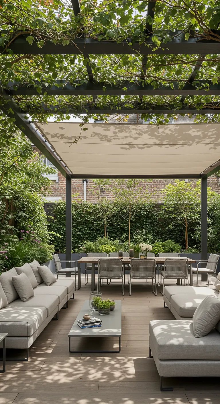 Patio moderno con pérgola de metal y toldo de lona retráctil en color crema.