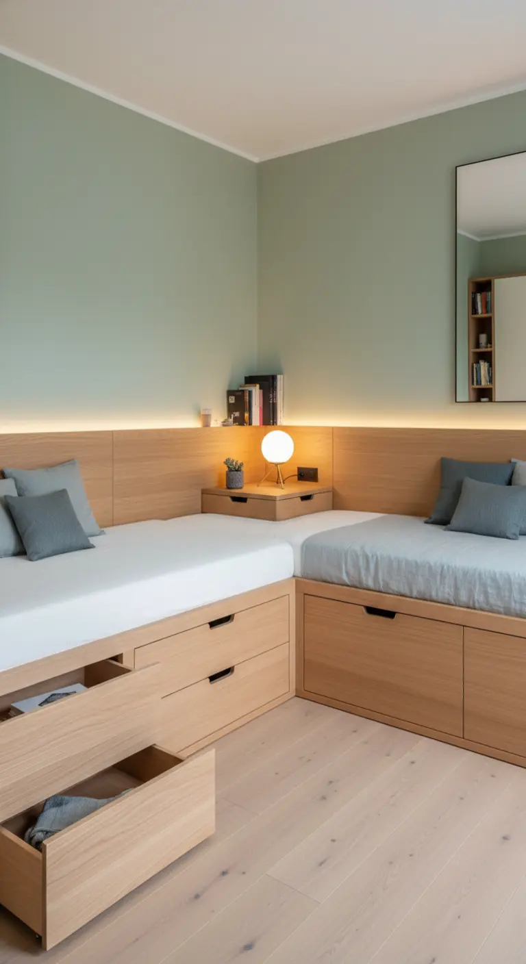 Dos camas individuales con cajones dispuestas en L en una habitación compartida.