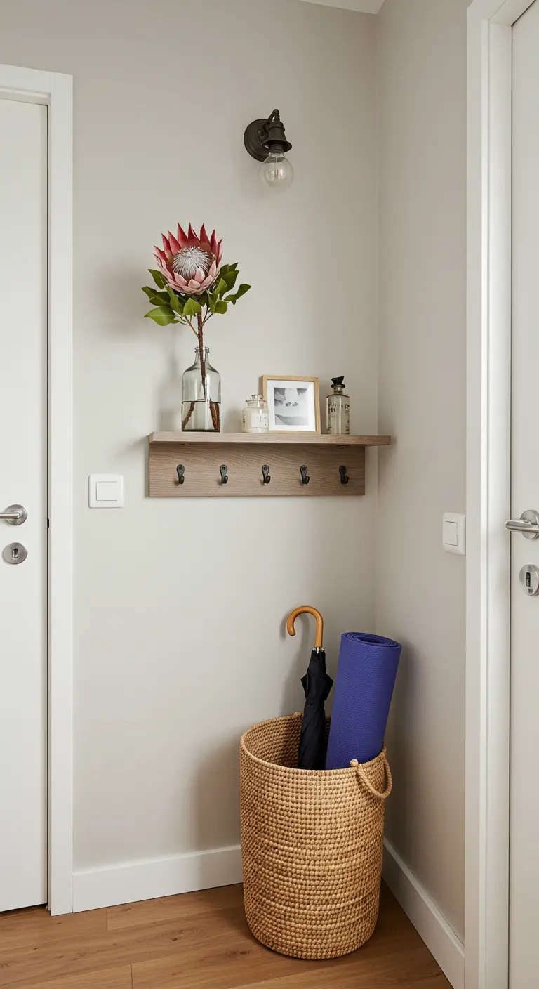 Esquina de recibidor con una pequeña balda con ganchos y una cesta alta en el suelo para paraguas.
