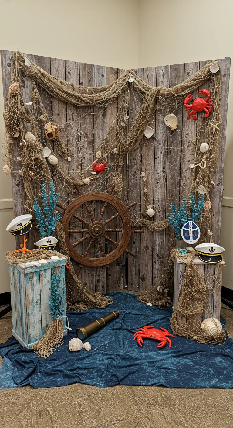 Fotomatón de temática náutica con timón, redes de pesca y cangrejos decorativos.