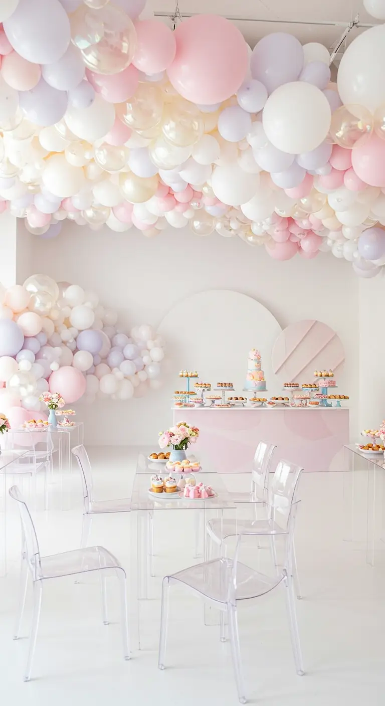 Techo cubierto de globos en tonos pastel: blanco, rosa, lavanda y dorado.