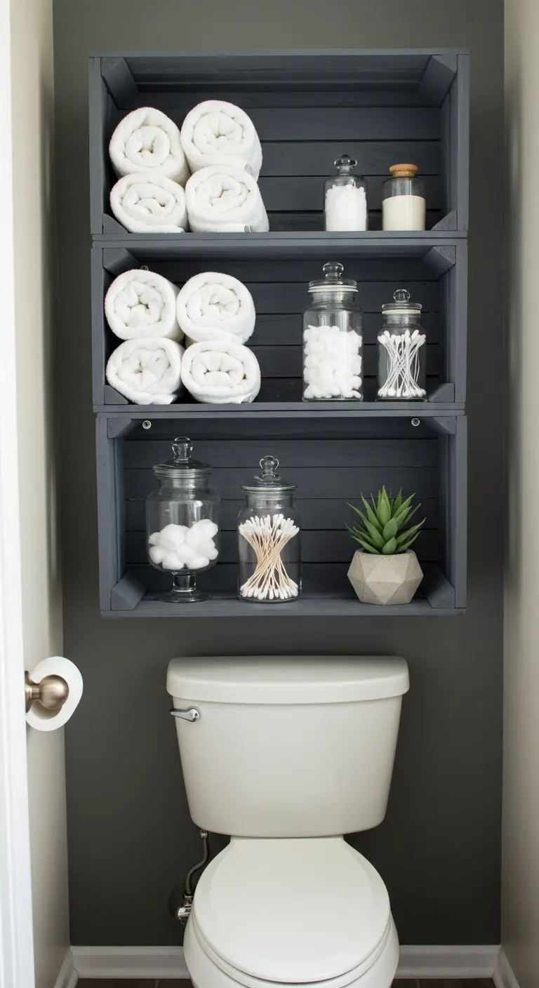 Estantería vertical con tres cajas de madera gris oscuro sobre el inodoro de un baño moderno.