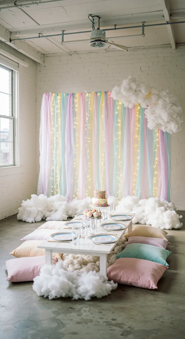 Fondo de fiesta con cintas de tela pastel, luces y nubes de algodón.