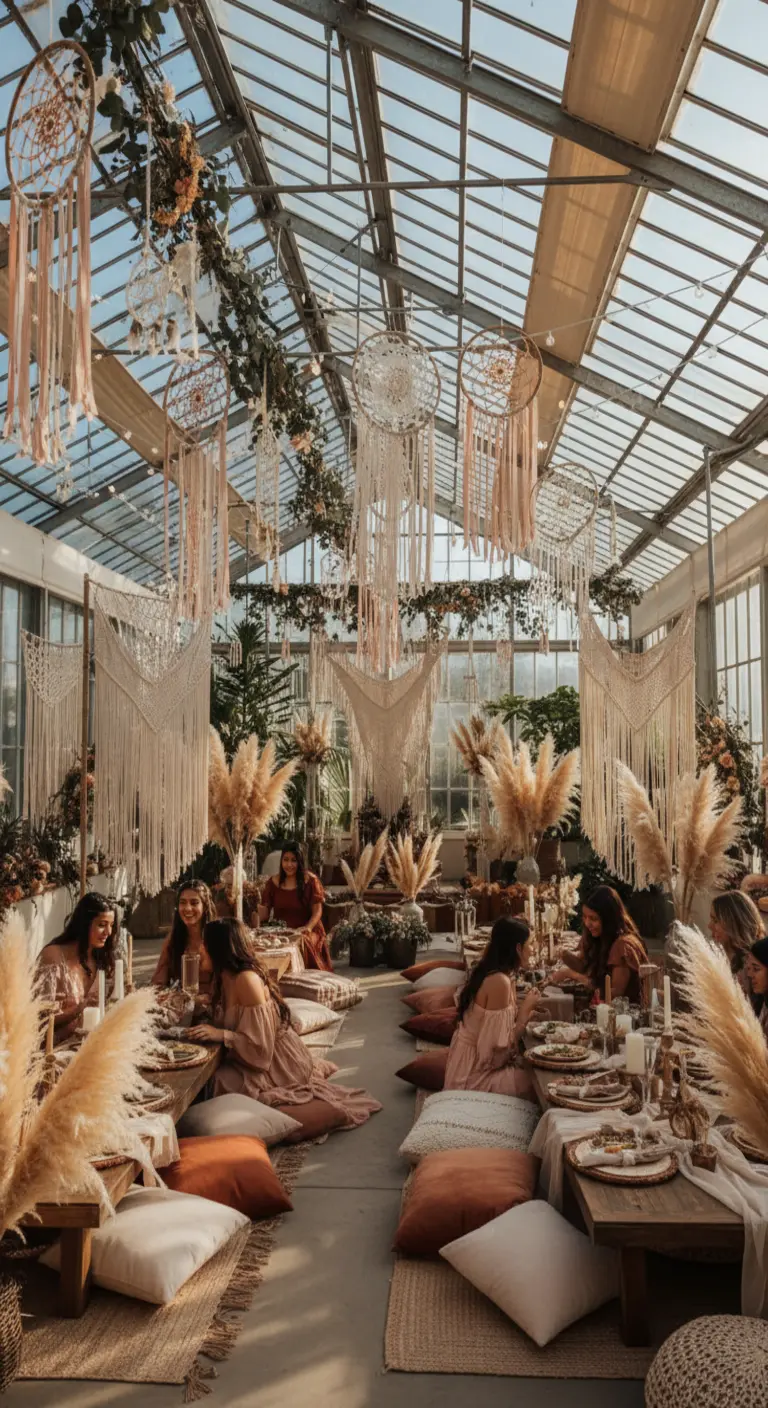 Quinceañera bohemia en un invernadero con macramé, pampas y mesas bajas.