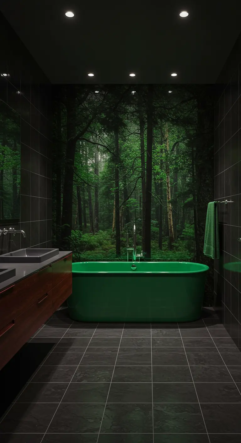 Baño con fotomural de un bosque, bañera exenta verde y azulejos negros.