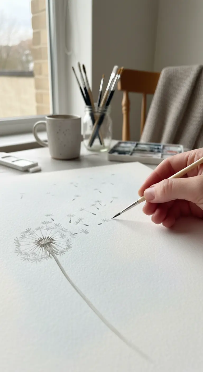 Una persona pintando un diente de león con un pincel fino, en acuarela gris muy suave.