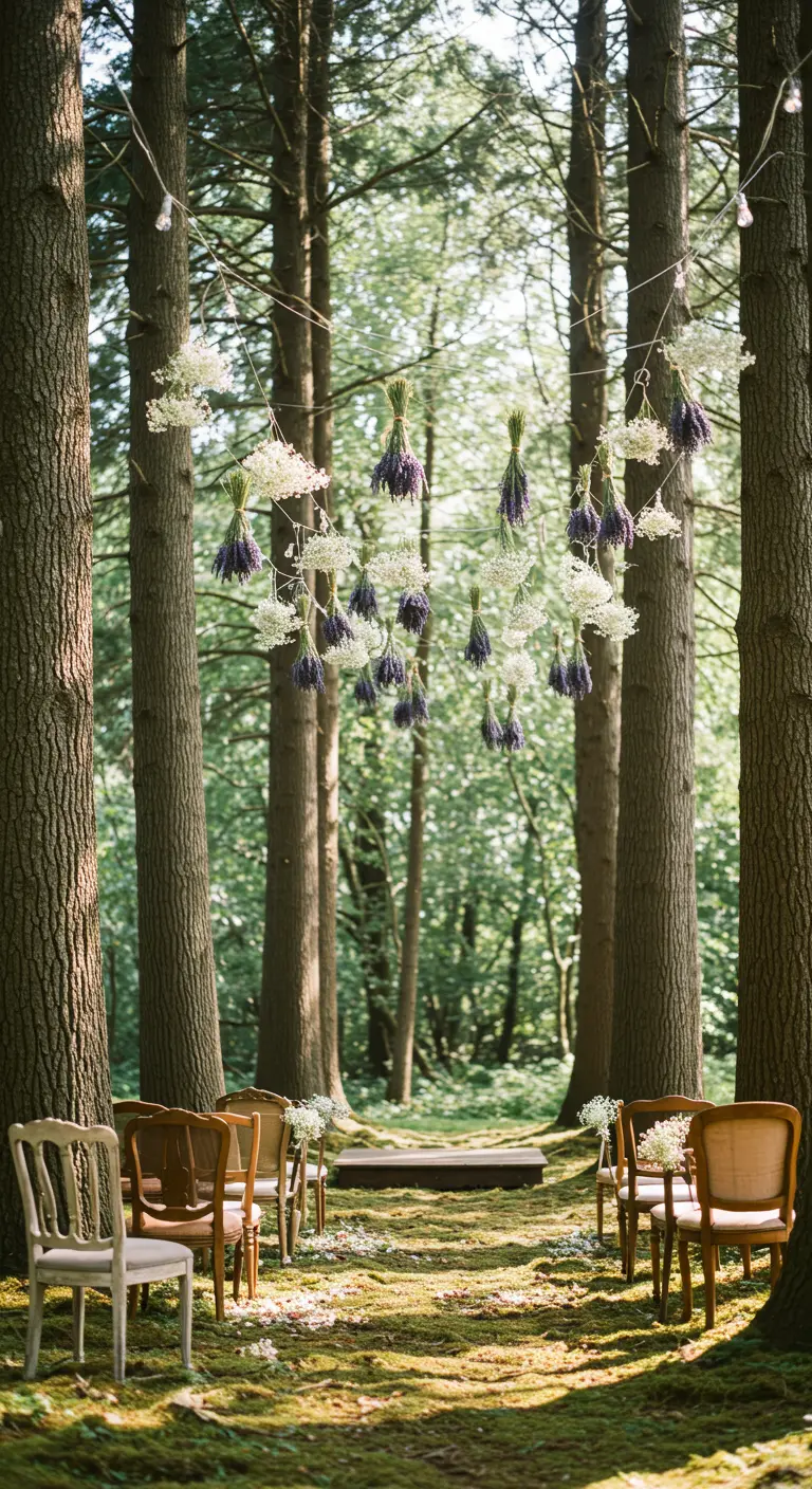 Altar de boda en un bosque con ramilletes de lavanda y paniculata colgando de los árboles.