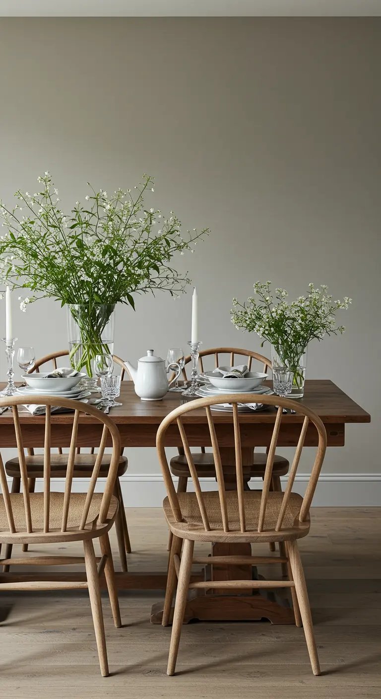 Comedor luminoso y elegante con paredes grises, sillas de madera y flores blancas como centro
