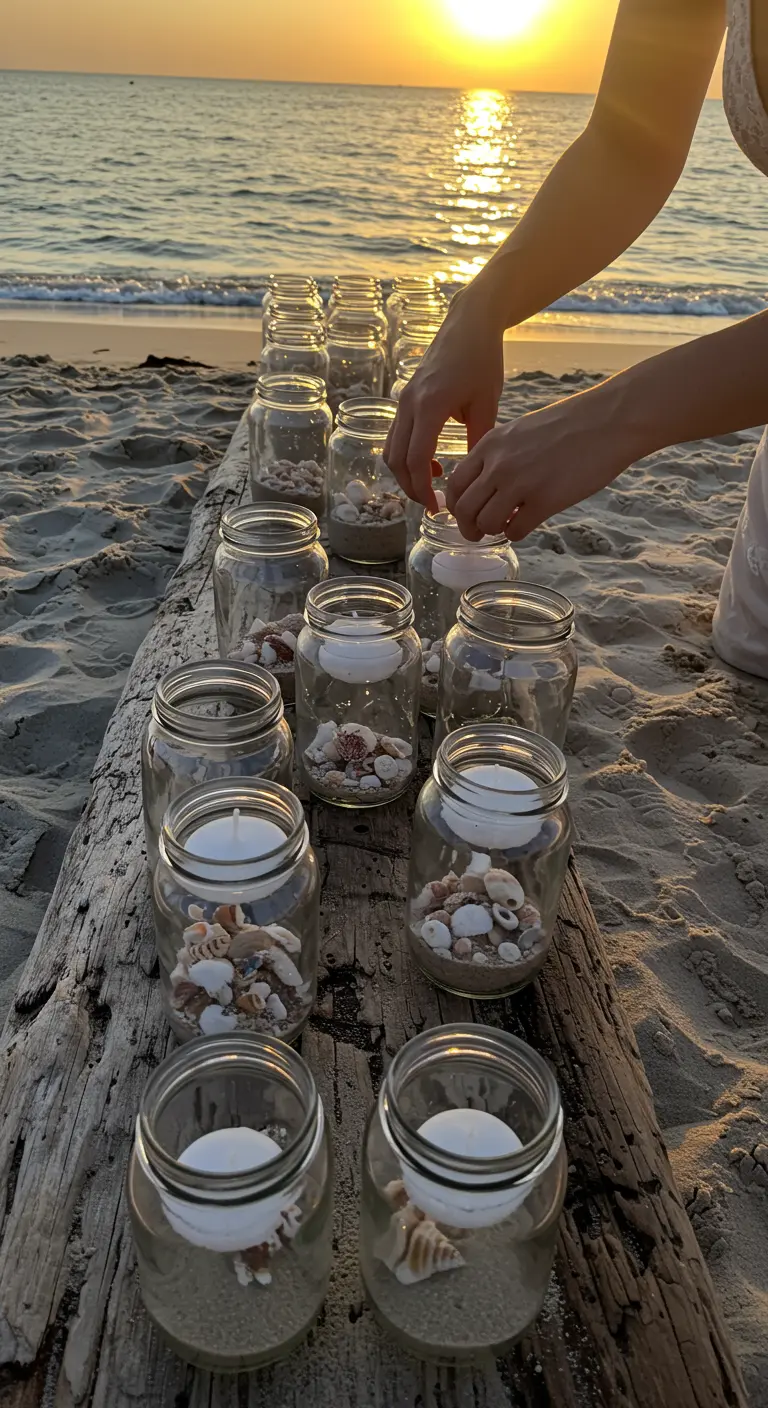 Manos colocando velas flotantes en frascos de vidrio llenos de conchas marinas en una playa al atardecer.