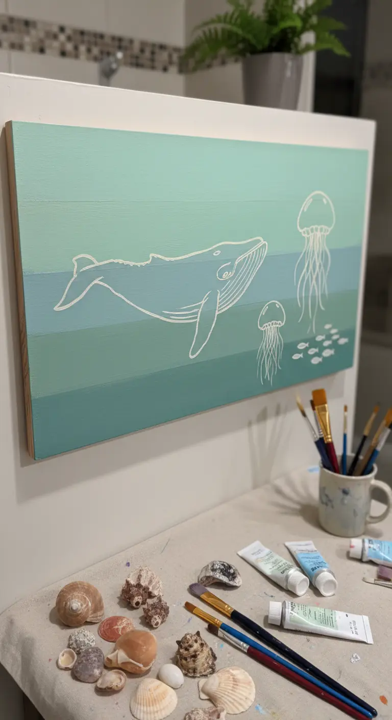 Cuadro con una ballena y medusas blancas sobre un fondo de franjas degradadas en tonos azules y verdes.