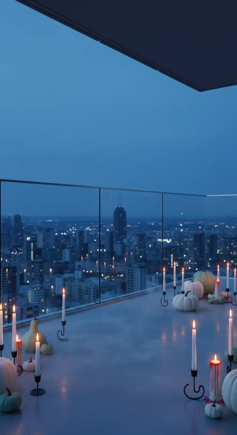 Azotea minimalista con calabazas blancas y velas altas creando un ambiente etéreo.