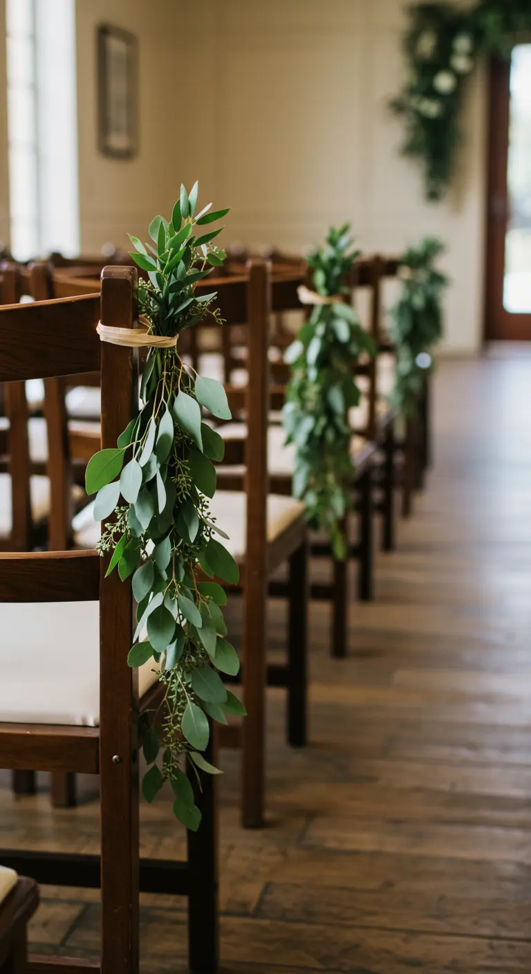 Sillas de madera en el pasillo de una ceremonia decoradas con ramilletes de eucalipto.