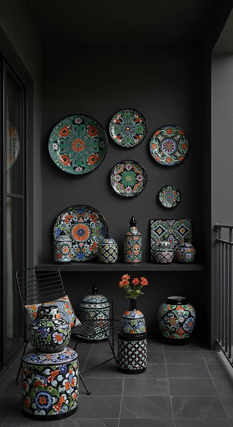 Pared gris oscuro en un balcón con una colección de platos y vasijas de talavera negra.