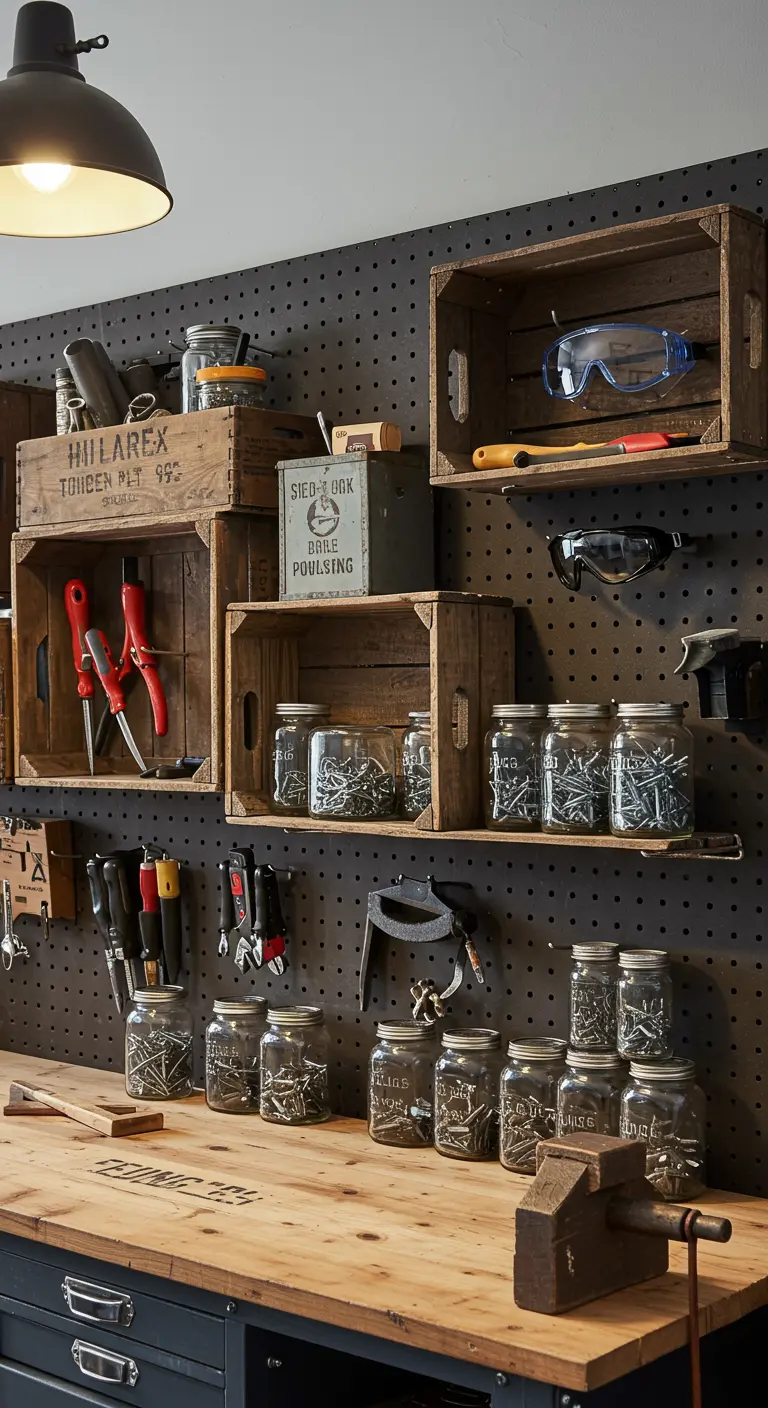 Taller organizado con cajas de madera sobre un panel perforado negro para guardar herramientas.