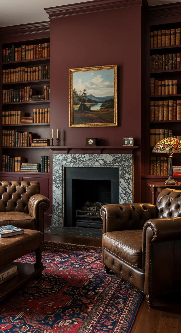 Biblioteca clásica con paredes borgoña, sofás de cuero y chimenea de mármol.