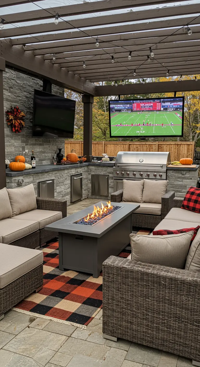 Patio exterior con cocina, pantallas de TV, sofás y una hoguera para ver un partido.