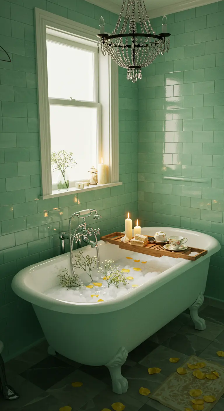 Bañera blanca con patas en un baño de azulejos verde menta, con una bandeja de madera.