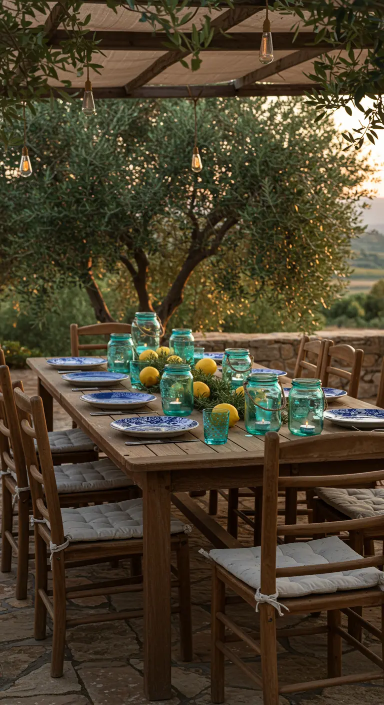 Mesa de comedor al aire libre con portavelas de frasco azules y limones frescos.