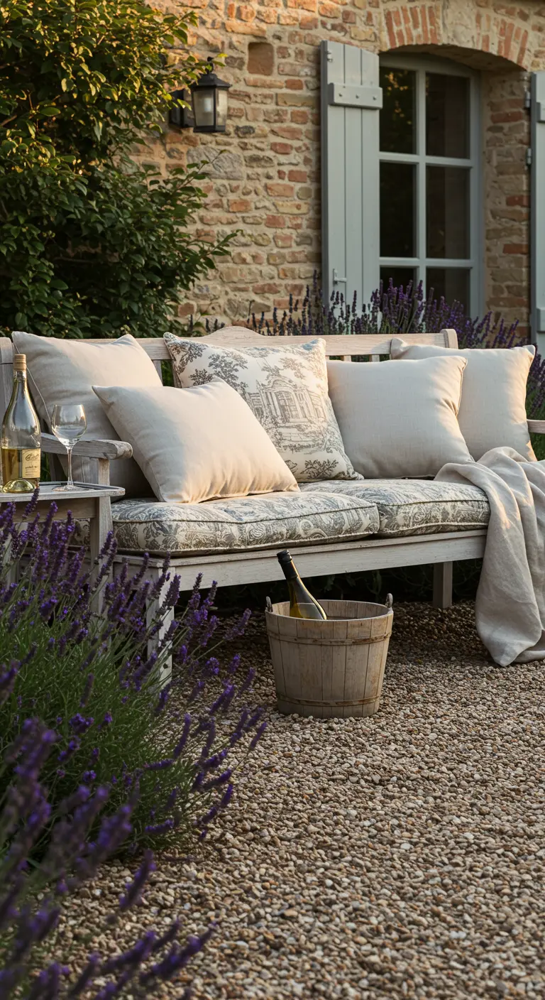 Banco de madera envejecida con cojines de lino en un jardín de grava rodeado de lavanda