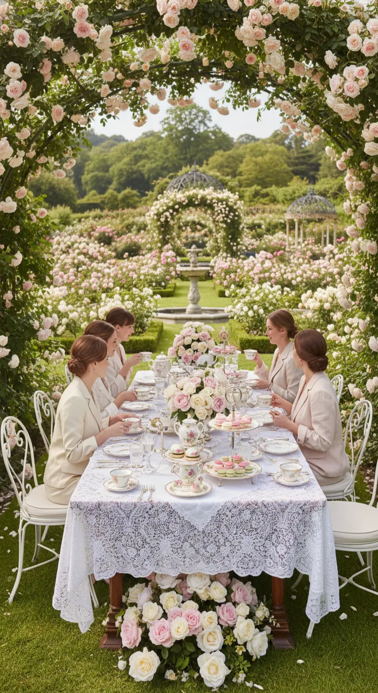 Mujeres tomando el té en un jardín de rosas con una mesa elegante y galletas florales.