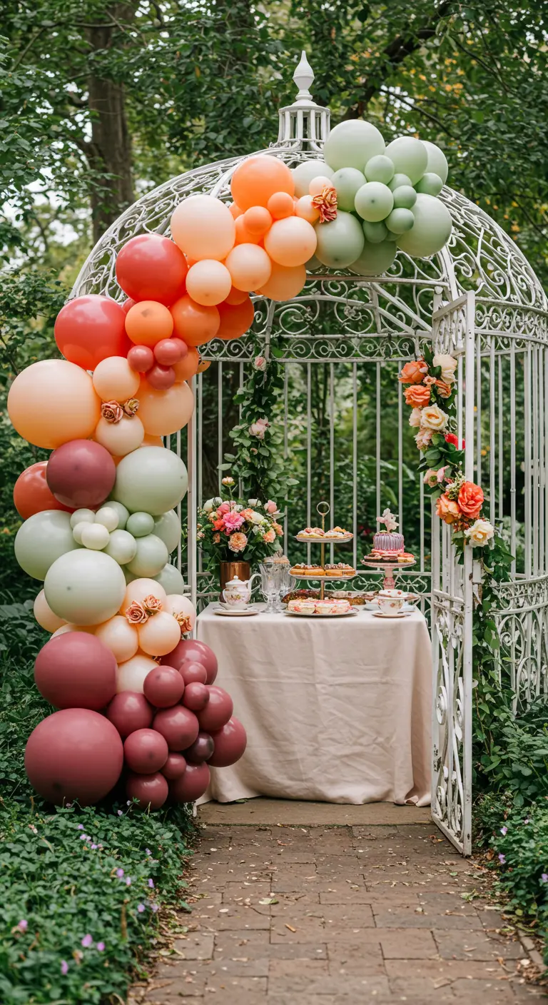Guirnalda de globos en tonos pastel y tierra decorando un cenador de jardín para una fiesta de té.