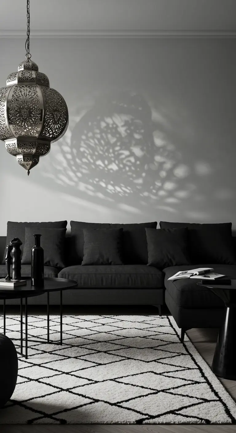 Sala de estar en blanco y negro con un farol plateado que proyecta sombras intrincadas en la pared