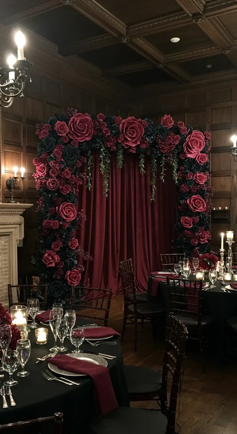 Arco de rosas gigantes rojas y negras enmarcando una cortina de terciopelo burdeos en un salón elegante.