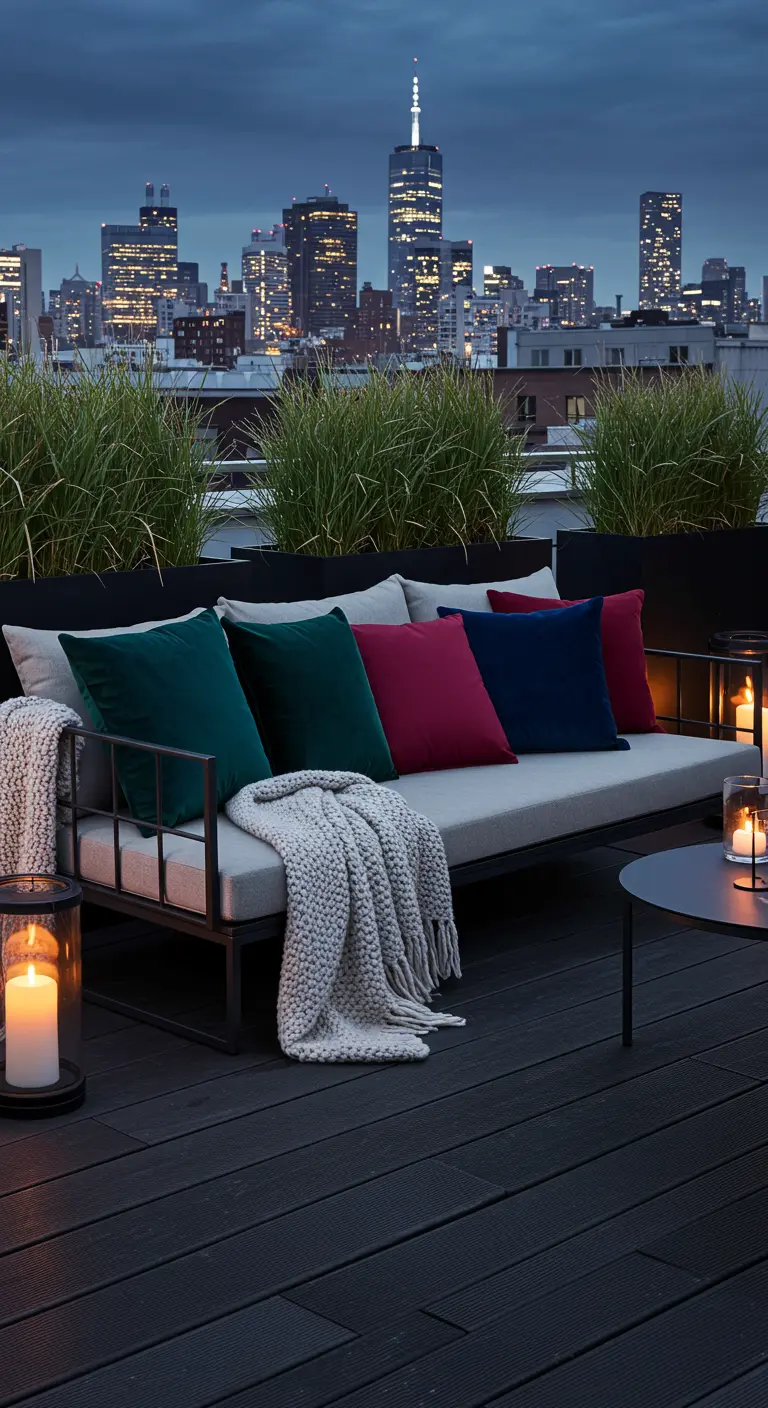 Terraza moderna con vistas a la ciudad, sofá gris oscuro con cojines de terciopelo de colores intensos.