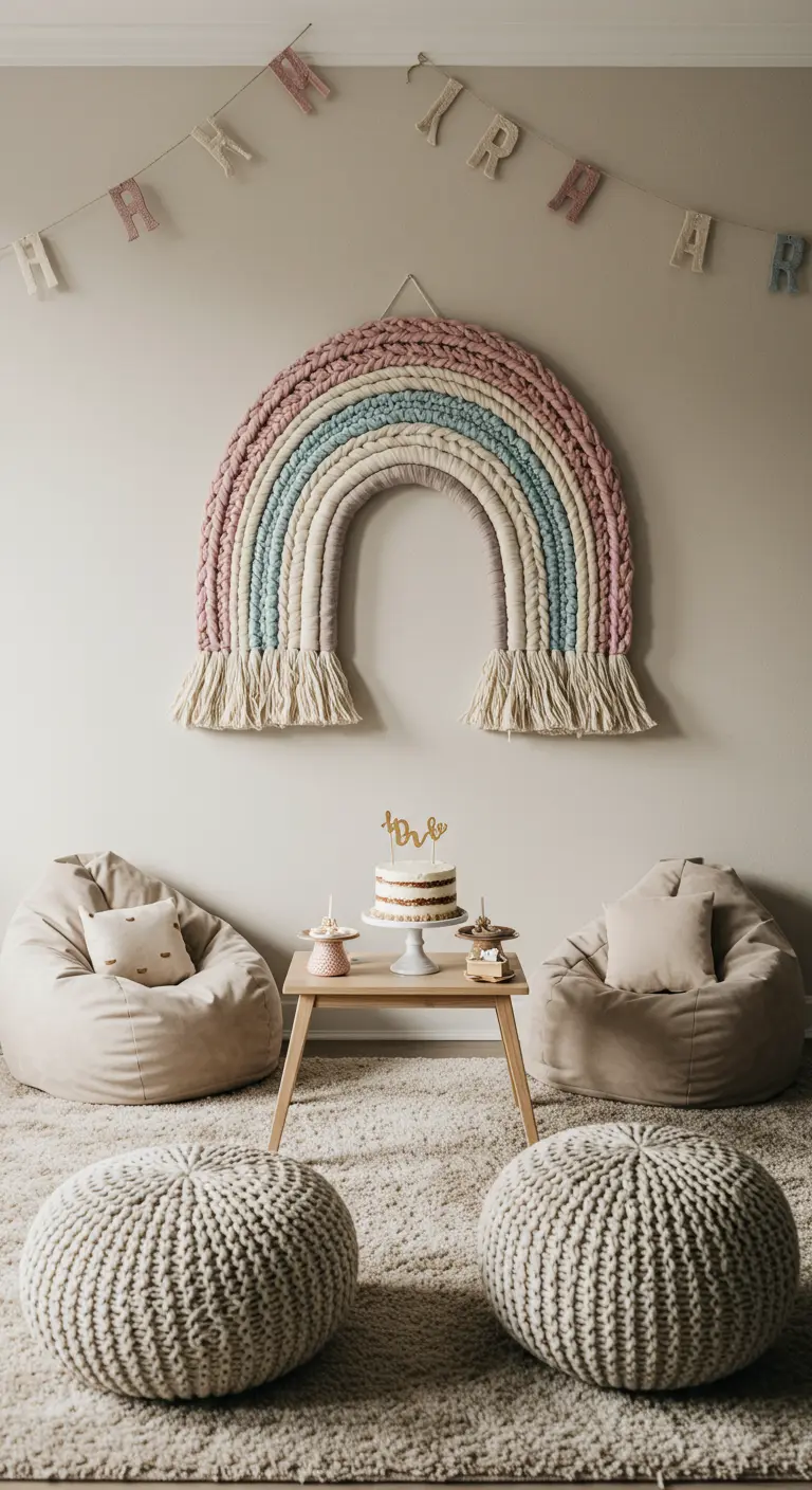 Gran arcoíris de macramé en tonos pastel colgado en la pared.
