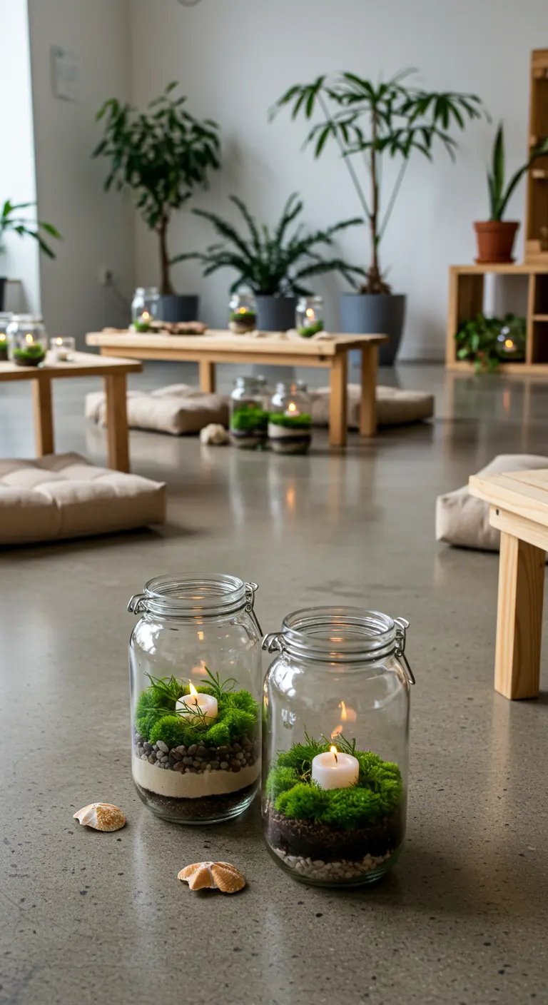 Portavelas de frasco convertidos en terrarios con arena, musgo y una vela.