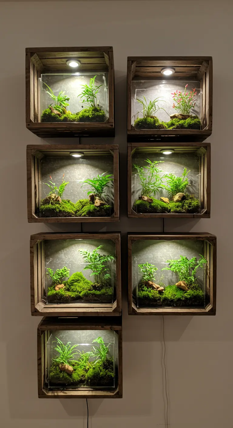 Composición de cajas de madera que enmarcan pequeños terrarios iluminados con luces LED.