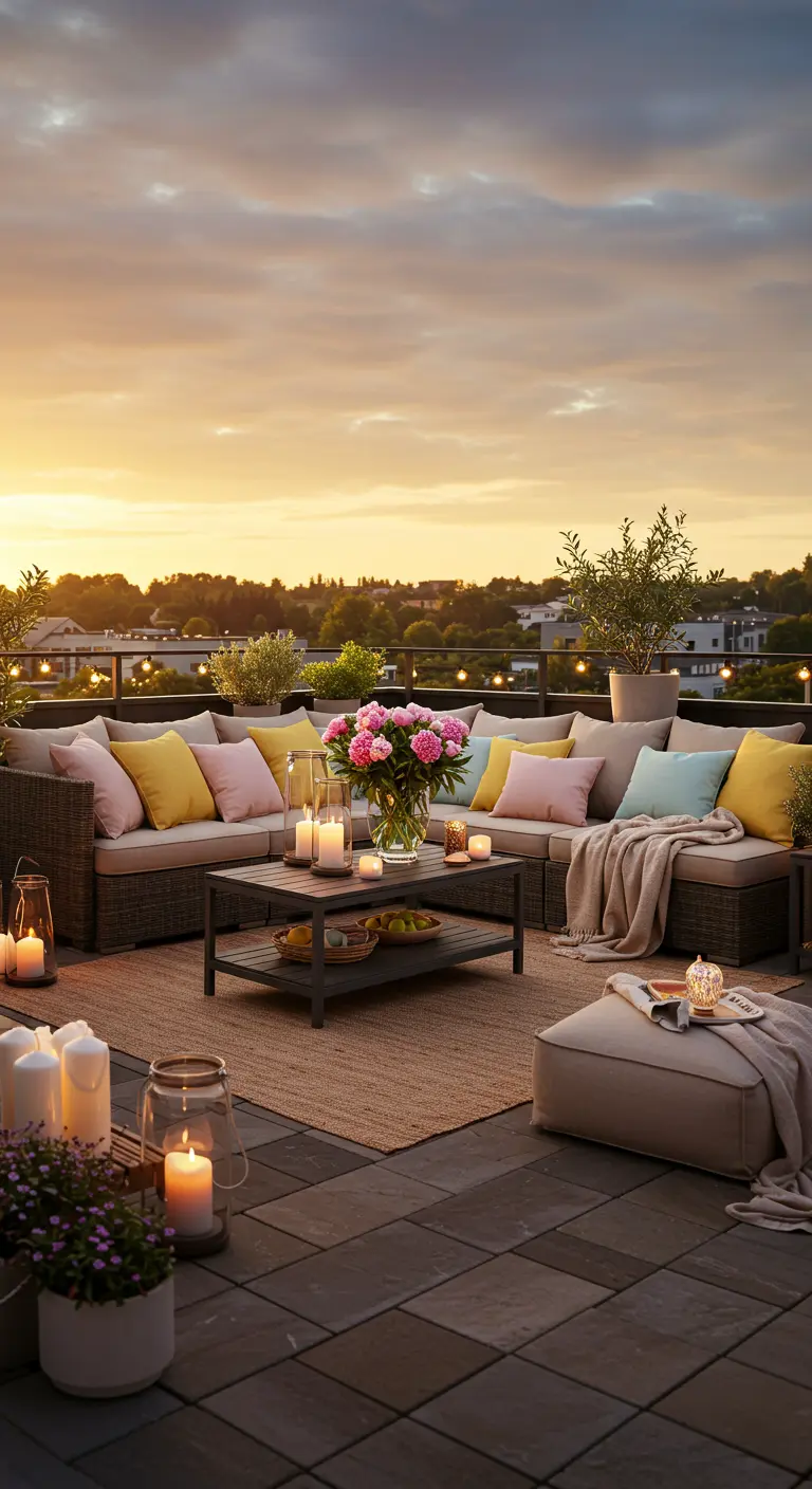Amplia terraza con un sofá modular, cojines en tonos pastel y muchas velas al atardecer