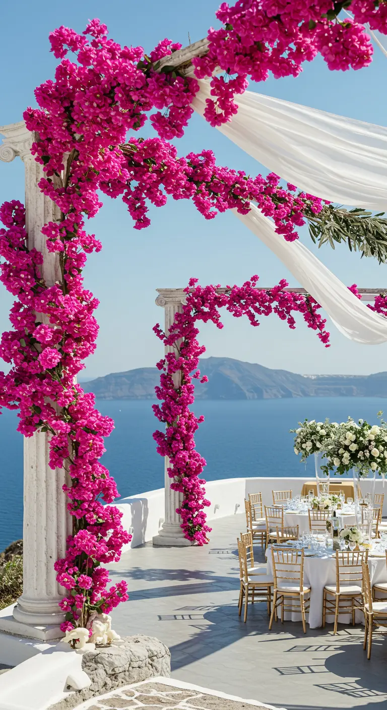 Terraza de estilo griego con columnas blancas envueltas en buganvillas fucsias y vistas al mar.